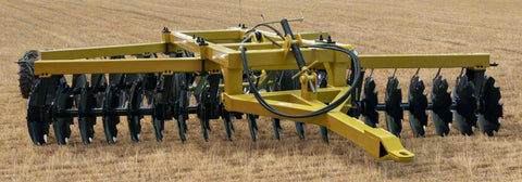 Yellow 10 ft offset disc harrow on field-ready tires
Side profile of 14 ft hydraulic disc harrow with black frame
17 ft disc harrow for large-scale farming operations
Rear angle of disc harrow showing disc blade spacing
Overhead view of disc harrow attachment connected to tractor