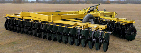 Yellow 10 ft offset disc harrow on field-ready tires
Side profile of 14 ft hydraulic disc harrow with black frame
17 ft disc harrow for large-scale farming operations
Rear angle of disc harrow showing disc blade spacing
Overhead view of disc harrow attachment connected to tractor