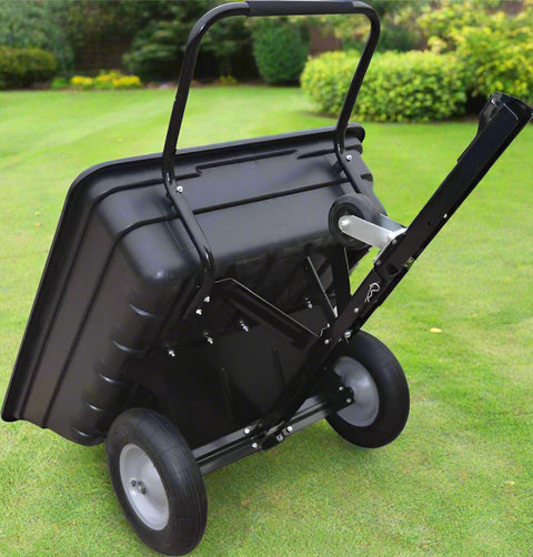 10 cu ft black poly ATV dump cart with 650 lb capacity and pneumatic tires – heavy-duty garden and lawn mower utility trailer