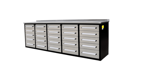 NEW 10 FT HEAVY DUTY STEEL WORK BENCH 35 , 25 , 20 & 15 DRAWER - with 15 Drawer + 2 Cabinet Drawer Stainless | Sold by Uncle Wiener's Wholesale