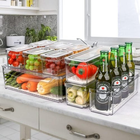 10-pack clear plastic refrigerator and pantry storage bins in assorted sizes with lids and built-in drain tray – BPA-free PET material