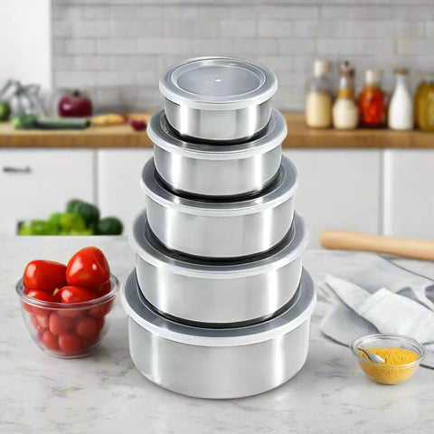 10-piece stainless steel mixing bowl set with airtight lids – stackable, silver kitchen prep and storage bowls in 5 sizes