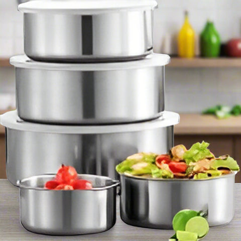 10-piece stainless steel mixing bowl set with airtight lids – stackable, silver kitchen prep and storage bowls in 5 sizes