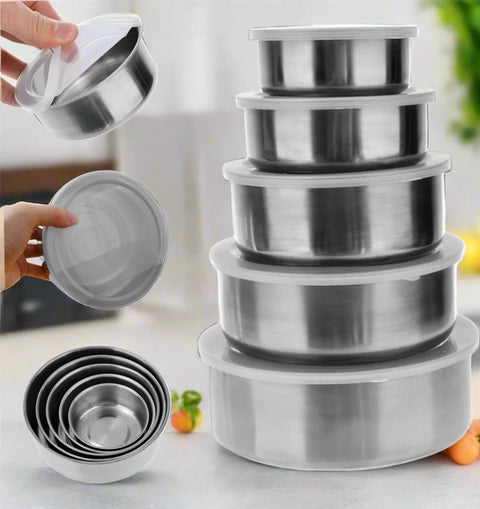 10-piece stainless steel mixing bowl set with airtight lids – stackable, silver kitchen prep and storage bowls in 5 sizes