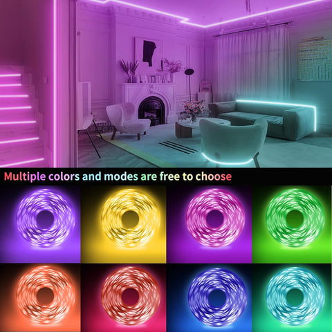 Colorful 100 ft RGB LED strip light with remote and phone app
Bluetooth LED strip lighting for bedrooms and parties
Music sync LED light strips with multicolor remote control