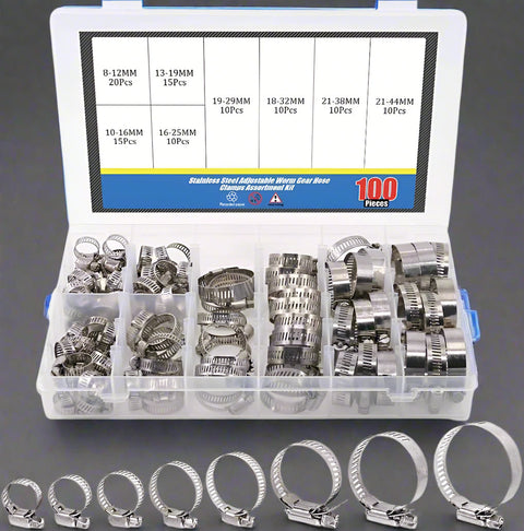 100 PCS stainless steel hose clamp set with case and screwdriver
Hose clamp assortment kit for plumbing and automotive use
Adjustable stainless steel hose clamps in 8 sizes