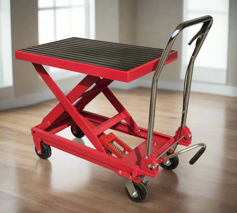 1000 lb hydraulic scissor lift table cart in red with black non-slip platform and ergonomic handle