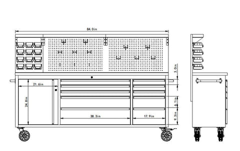 84" stainless steel tool bench with LED lighting and drawers
Solid wood top garage workbench with 11 storage drawers
Professional stainless steel tool station with LED bar
Close-up of drawer handles on heavy-duty tool bench
Industrial workbench with built-in lights and hardwood surface