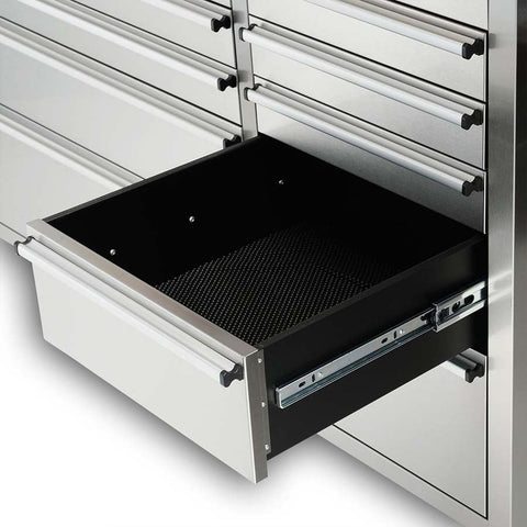 84" stainless steel tool bench with LED lighting and drawers
Solid wood top garage workbench with 11 storage drawers
Professional stainless steel tool station with LED bar
Close-up of drawer handles on heavy-duty tool bench
Industrial workbench with built-in lights and hardwood surface