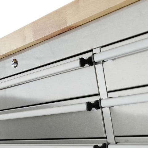 84" stainless steel tool bench with LED lighting and drawers
Solid wood top garage workbench with 11 storage drawers
Professional stainless steel tool station with LED bar
Close-up of drawer handles on heavy-duty tool bench
Industrial workbench with built-in lights and hardwood surface