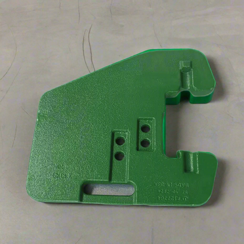 110 lb green suitcase front weight for John Deere
Close-up view of R116262 replacement tractor weight
Angled image of John Deere compatible suitcase weight
Mounted example of 110 lb tractor front weight
Side profile of green cast iron suitcase weight
