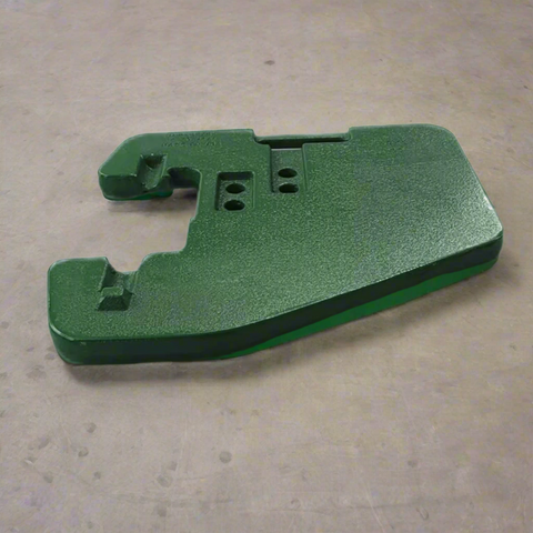 110 lb green suitcase front weight for John Deere
Close-up view of R116262 replacement tractor weight
Angled image of John Deere compatible suitcase weight
Mounted example of 110 lb tractor front weight
Side profile of green cast iron suitcase weight