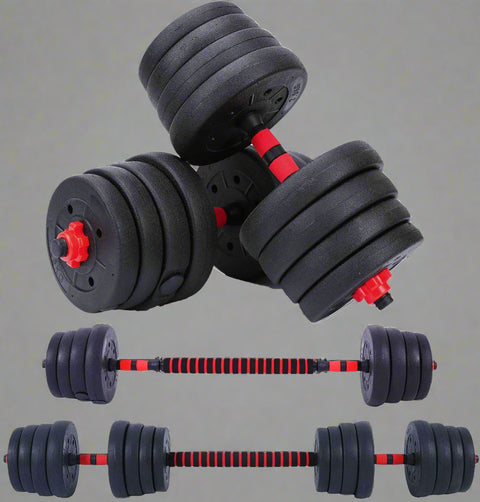 110 LB adjustable dumbbell and barbell set for home gym use
dumbbell and barbell combo set with connecting rod
adjustable workout weights with spinlock safety collars
home strength training weight set full body equipment
solid dumbbell bar with shock-resistant weight plates
