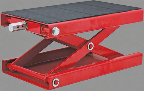 Motorcycle scissor lift jack with rubber platform – 1100 lb capacity
Heavy-duty steel ATV jack in red and black
ATV lift jack platform with adjustable height
Compact garage lift for motorcycles and ATVs