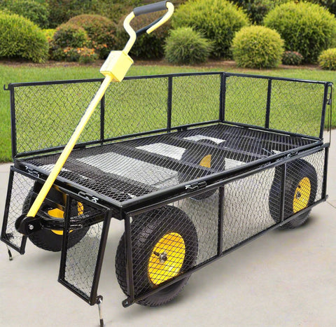 Heavy-duty garden cart with detachable mesh sides and 12-inch tires
Folding utility wagon for yard and landscaping use
1100 lb capacity mesh cart for outdoor hauling
Garden cart with pneumatic wheels and ergonomic rotating handle