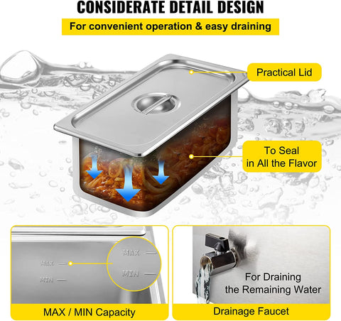 3-pan buffet food warmer front view with lid open
Commercial food warmer showing stainless steel interior
Temperature knob and heating element close-up
Buffet setup with food in all three compartments
Side view of removable pans with food steam