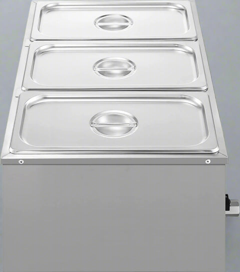 3-pan buffet food warmer front view with lid open
Commercial food warmer showing stainless steel interior
Temperature knob and heating element close-up
Buffet setup with food in all three compartments
Side view of removable pans with food steam