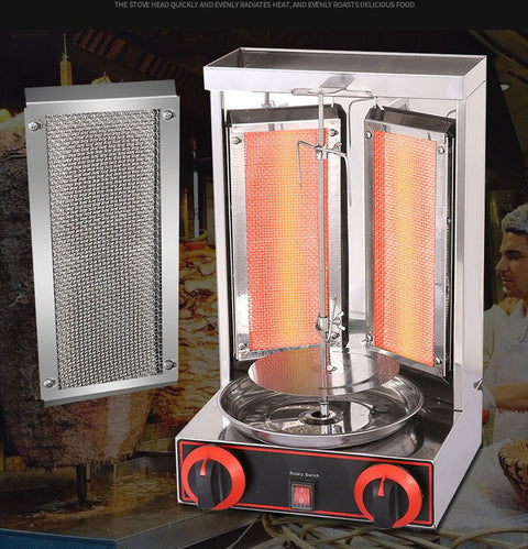 Stainless steel shawarma grill with dual burners
110V electric kebab machine for commercial use
Countertop shawarma grill with propane compatibility
Heavy-duty stainless kebab grill with meat skewers
Rotisserie shawarma machine for restaurant kitchens