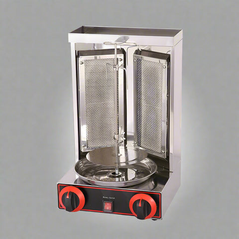 Stainless steel shawarma grill with dual burners
110V electric kebab machine for commercial use
Countertop shawarma grill with propane compatibility
Heavy-duty stainless kebab grill with meat skewers
Rotisserie shawarma machine for restaurant kitchens