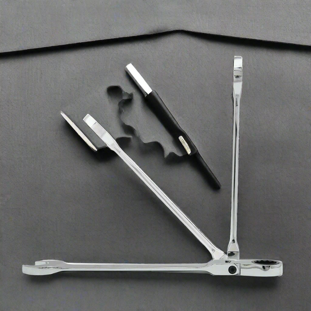 12-piece chrome folding ratchet wrench set with case
Compact ratchet wrench set with metric and SAE tools
Heavy-duty chrome-plated ratcheting wrenches
Silver mechanic wrench kit in a foldable organizer