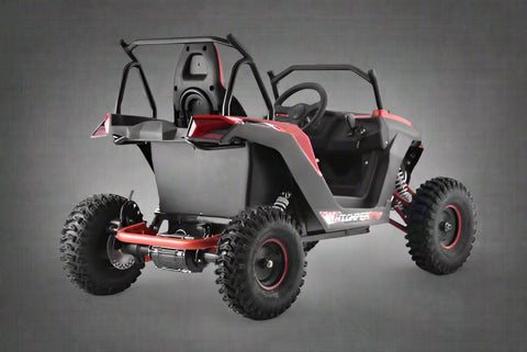 Front view of 1200W 48V Electric Go Kart UTV in green with roll cage
Side view showing suspension and knobby tires
Red electric off-road buggy for youth
Adjustable racing seat with seatbelt
Rear motor and chain drive close-up
Hydraulic disc brakes and rear suspension
Dual color variants: red and green off-road karts