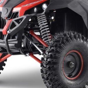 Front view of 1200W 48V Electric Go Kart UTV in green with roll cage
Side view showing suspension and knobby tires
Red electric off-road buggy for youth
Adjustable racing seat with seatbelt
Rear motor and chain drive close-up
Hydraulic disc brakes and rear suspension
Dual color variants: red and green off-road karts