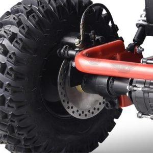 Front view of 1200W 48V Electric Go Kart UTV in green with roll cage
Side view showing suspension and knobby tires
Red electric off-road buggy for youth
Adjustable racing seat with seatbelt
Rear motor and chain drive close-up
Hydraulic disc brakes and rear suspension
Dual color variants: red and green off-road karts