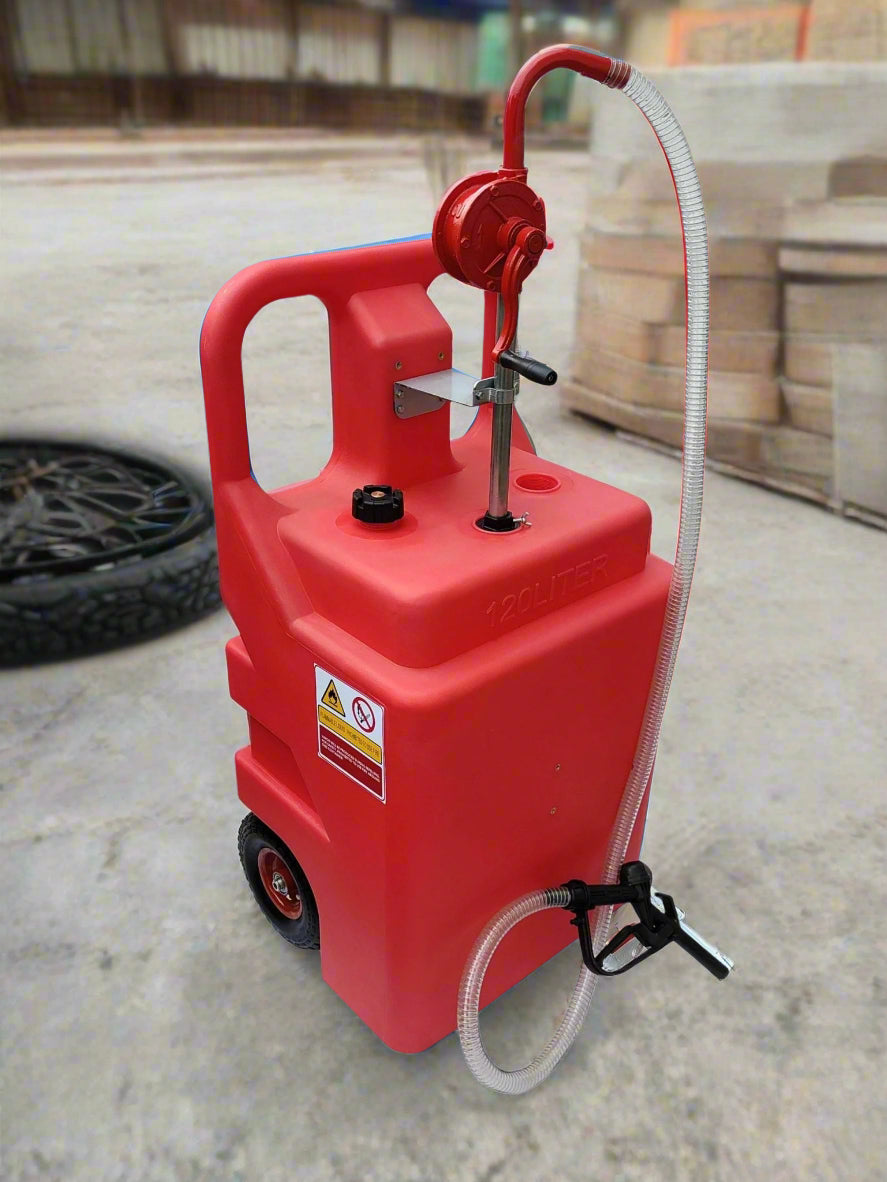 120L red portable fuel transfer tank with rotary hand pump
Manual fuel pump tank with built-in wheels and handle
Blue 12V electric fuel pump system with hose
Diesel and gasoline compatible portable fuel storage
Multiple tank options for site and farm use