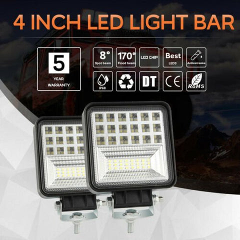 overview of features for 4-inch LED work light bar including beam type, brightness, and waterproof rating
