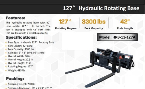 Rotating hydraulic skid steer pallet fork with 42” tines
HRB11172A attachment showing 127° rotation
Heavy-duty quick attach pallet forks for skid steer
Close-up of reinforced steel fork frame
Rotating fork in lifted pallet position on gravel site