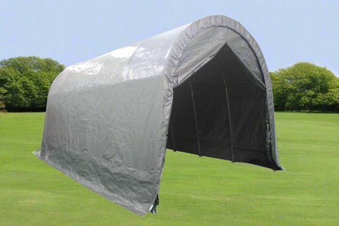 12x20x10 FT dome-top portable garage shelter with zippered door
Heavy-duty steel frame outdoor storage building for all weather
All-weather polyethylene garage cover with gray finish
Interior space of large portable vehicle shelter
Zippered door detail of portable dome garage shelter