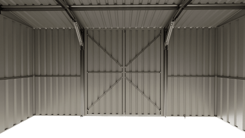â14x8 ft metal garden shed in dark gray with double doorsâ
âInterior of steel garage shed with sloped roof and ventsâ
âWhite metal shed model â 14 x 8 ft backyard setupâ
âGalvanized steel panels and door handles â close-upâ