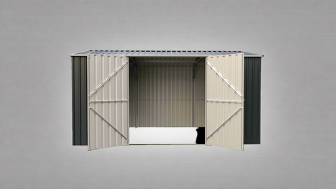â14x8 ft metal garden shed in dark gray with double doorsâ
âInterior of steel garage shed with sloped roof and ventsâ
âWhite metal shed model â 14 x 8 ft backyard setupâ
âGalvanized steel panels and door handles â close-upâ