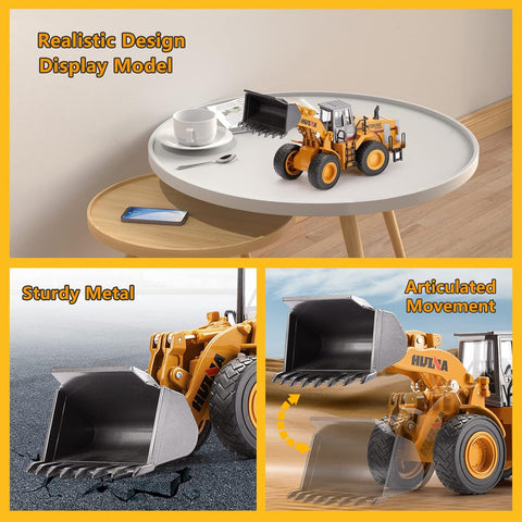 Diecast 1:40 wheel loader toy truck in yellow with metal scoop
Side view of yellow scale construction loader for kids
Push and go diecast toy loader vehicle for boys
Heavy-duty toy loader for construction play