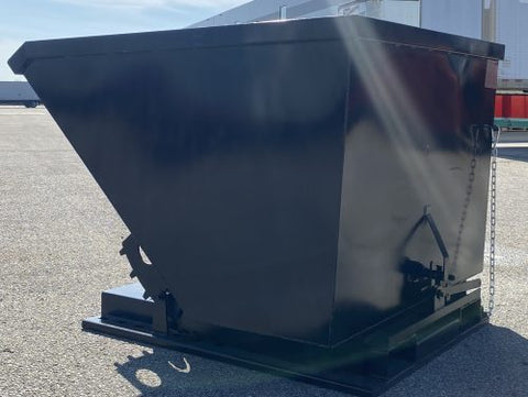 "Standard duty black forklift dump hopper in outdoor warehouse"
"Heavy-duty red tip bin hopper forklift compatible"
"Industrial forklift hopper with automatic bumper release"
"3 cubic yard black steel dump bin"
"Heavy-duty forklift tipping hopper with reinforced frame"