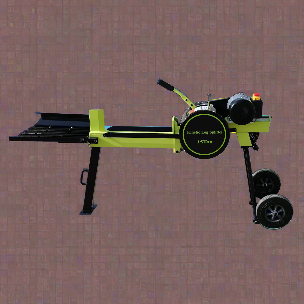BM11097 electric kinetic log splitter – full side view
15 Ton kinetic log splitter with green housing – front angle
Electric firewood splitter in yard setup – working view