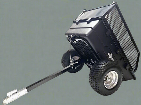 1500 lbs off-road utility trailer hitched to ATV in grass field
heavy-duty dump trailer with tilting steel bed
model 113484 utility trailer with 18-inch off-road tires
rear view of utility trailer loaded with gravel
close-up of powder-coated steel dump bed