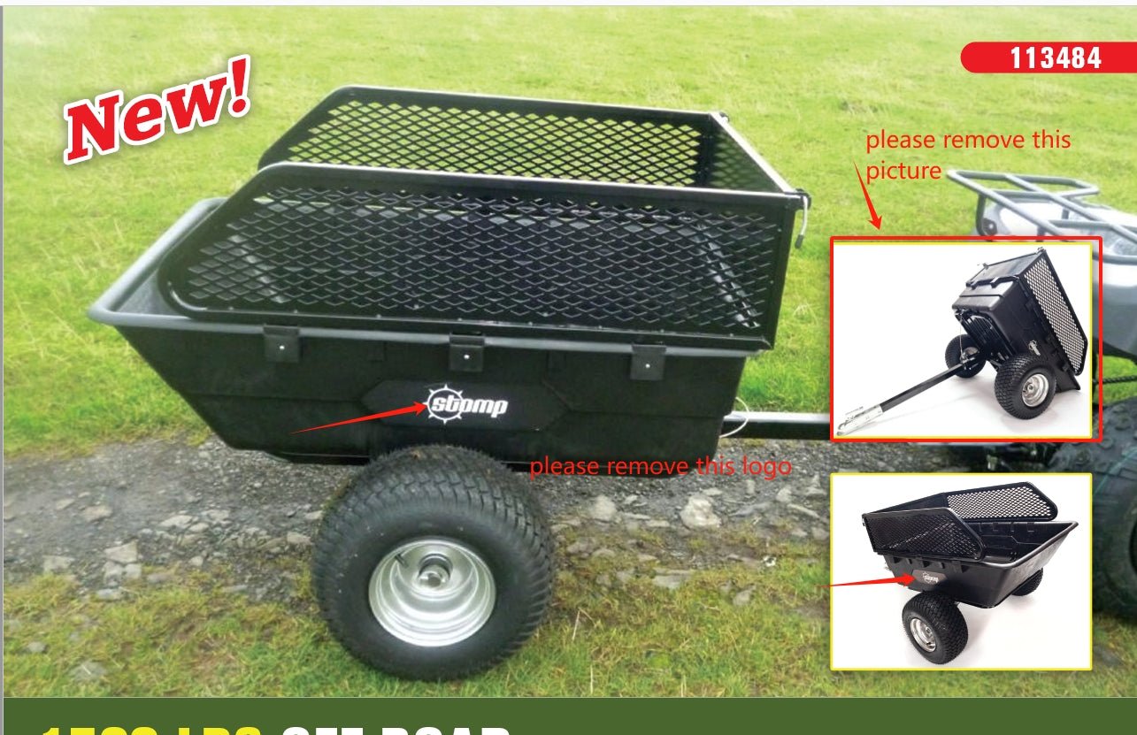 1500 lbs off-road utility trailer hitched to ATV in grass field
heavy-duty dump trailer with tilting steel bed
model 113484 utility trailer with 18-inch off-road tires
rear view of utility trailer loaded with gravel
close-up of powder-coated steel dump bed
