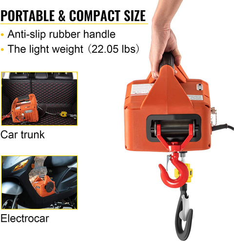 3-in-1 electric hoist winch with remote controls and accessories
Copper motor, remote features, lifting setup, hoist in workshop
