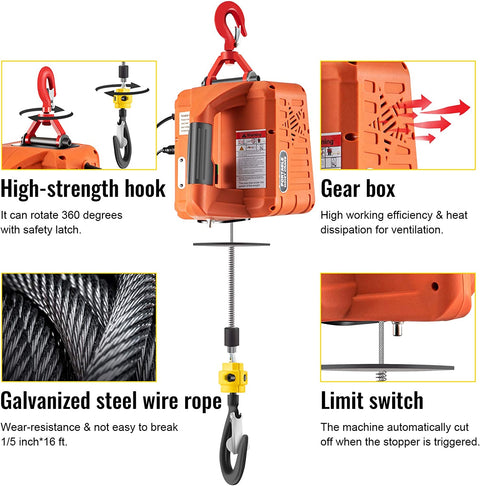 3-in-1 electric hoist winch with remote controls and accessories
Copper motor, remote features, lifting setup, hoist in workshop