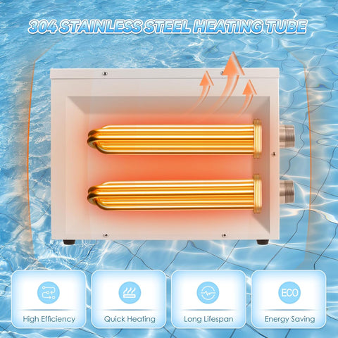 15KW 220V Electric Pool and Spa Heater front view
Side view of the pool heater showing stainless steel connectors
Close-up of the control panel and safety system
Pool heater with auto-temperature display
15KW water heater for swimming pools and spas