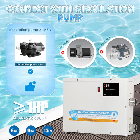 15KW 220V Electric Pool and Spa Heater front view
Side view of the pool heater showing stainless steel connectors
Close-up of the control panel and safety system
Pool heater with auto-temperature display
15KW water heater for swimming pools and spas