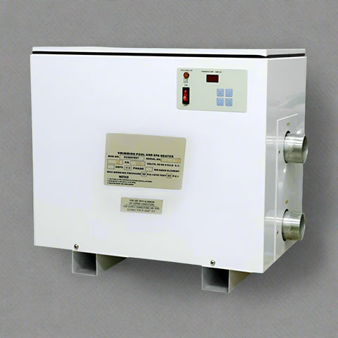 15KW 220V Electric Pool and Spa Heater front view
Side view of the pool heater showing stainless steel connectors
Close-up of the control panel and safety system
Pool heater with auto-temperature display
15KW water heater for swimming pools and spas