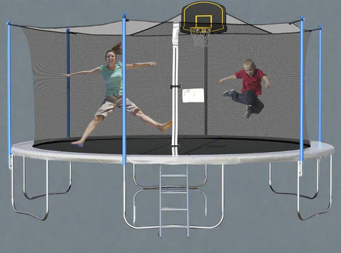 “16 ft backyard trampoline with safety net and basketball hoop”
“14 ft outdoor trampoline set with enclosure”
“Trampoline accessories including anchor kit and skywalker net”
“High-strength trampoline springs and UV-resistant mat”
