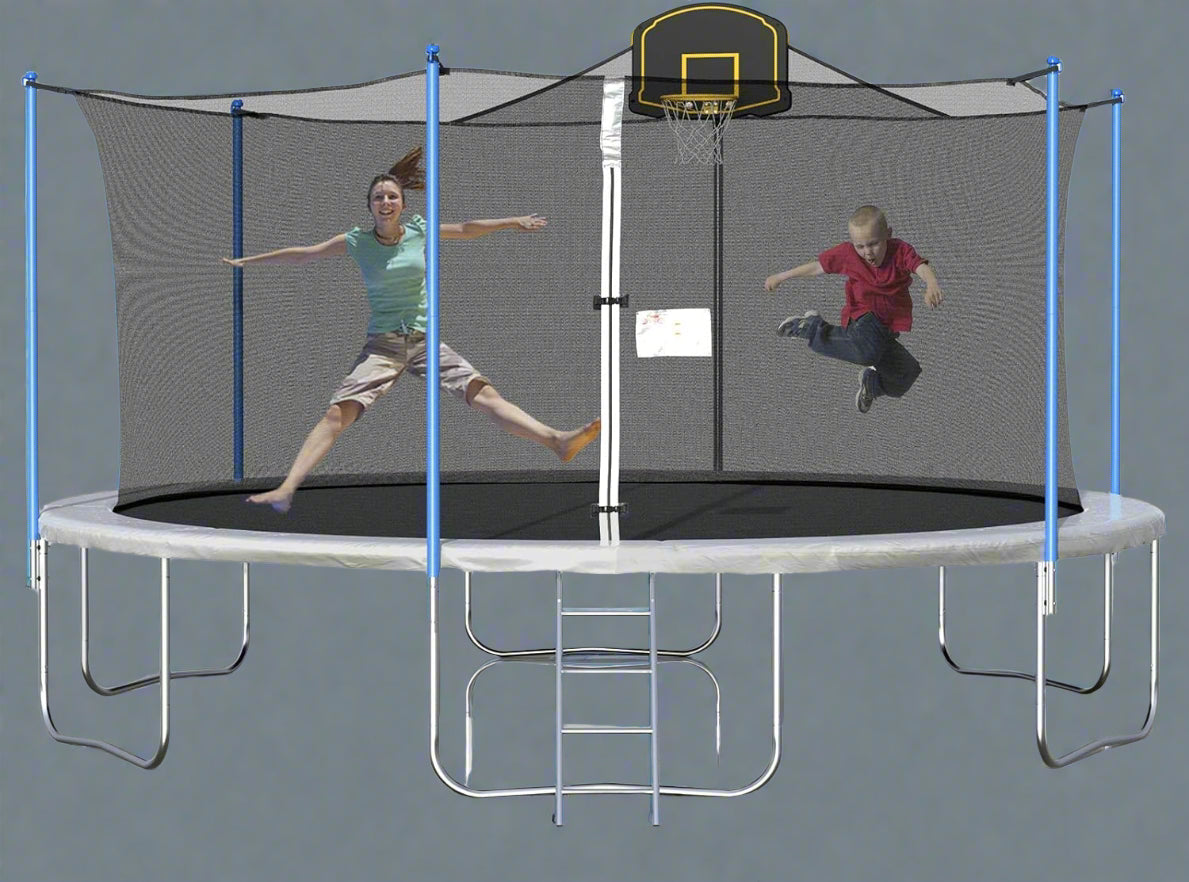 “16 ft backyard trampoline with safety net and basketball hoop”
“14 ft outdoor trampoline set with enclosure”
“Trampoline accessories including anchor kit and skywalker net”
“High-strength trampoline springs and UV-resistant mat”