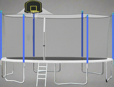 “16 ft backyard trampoline with safety net and basketball hoop”
“14 ft outdoor trampoline set with enclosure”
“Trampoline accessories including anchor kit and skywalker net”
“High-strength trampoline springs and UV-resistant mat”