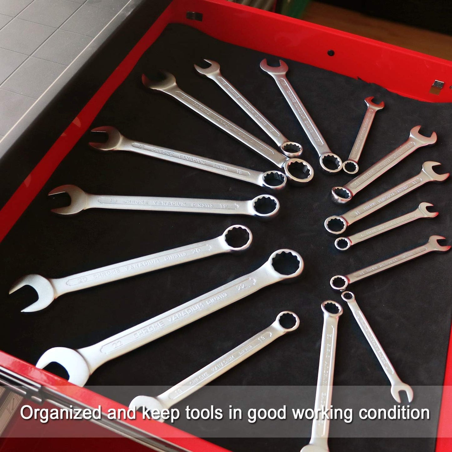 EVA Non-Slip Tool Drawer Liner – Rolled View
Tool Drawer Liner with Wrench Set – In Use
Toolbox with EVA Liner – Overhead View
Cut-to-Fit EVA Foam Liner for Garage Drawers
Black EVA Protective Mat – Flat Surface Display