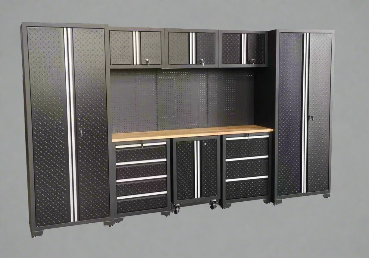 Full 17-piece diamond plate garage cabinet set
Side view of heavy-duty steel tool bench system
Overhead cabinets and drawers with diamond plate finish
Tool bench workstation with storage drawers
Black powder-coated steel cabinet close-up