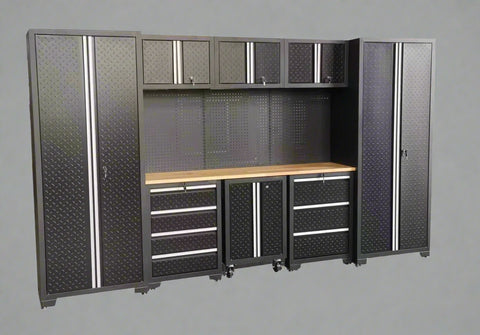Full 17-piece diamond plate garage cabinet set
Side view of heavy-duty steel tool bench system
Overhead cabinets and drawers with diamond plate finish
Tool bench workstation with storage drawers
Black powder-coated steel cabinet close-up