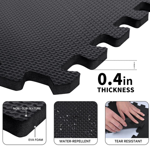 Black EVA foam puzzle mats – 18 pcs interlocking set
Interlocking foam gym flooring in the home workout room
Close-up of EVA foam tile texture and thickness
Waterproof gym mat floor tiles arranged in a 6 ft x 3 ft area
Protective EVA floor mat tiles are used under gym equipment